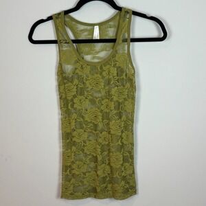 Color Story Olive‎ Green Floral Lace Sheer Y2K Womens Tank Small Fairy whimsical